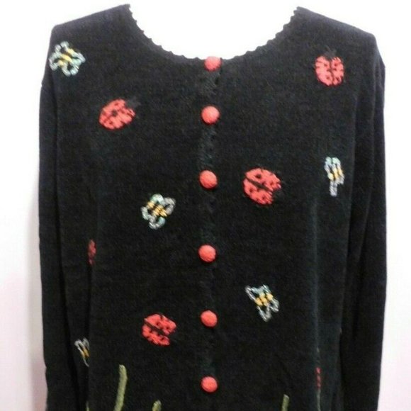 The Quacker Factory Women's size Large Button Front Ladybug & Bees CARDIGAN